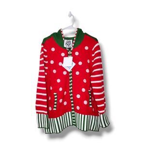 NWT Christmas Knit Zip-up Hooded Striped Sequin Reindeer Sweatshirt Sz M